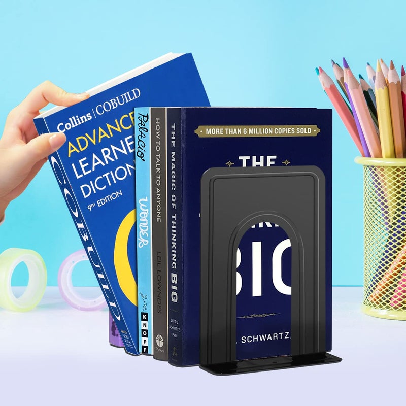 JIKIOU Book Ends Universal Premium Bookends for Shelves, Non-Skid Bookend, Heavy Duty Metal Book End, Book Stopper for Books/Movies/CDs/Video Games, 6.69 x 4.9 x 4.3 in, Black (3 Pairs/6 Pieces) - Image 2